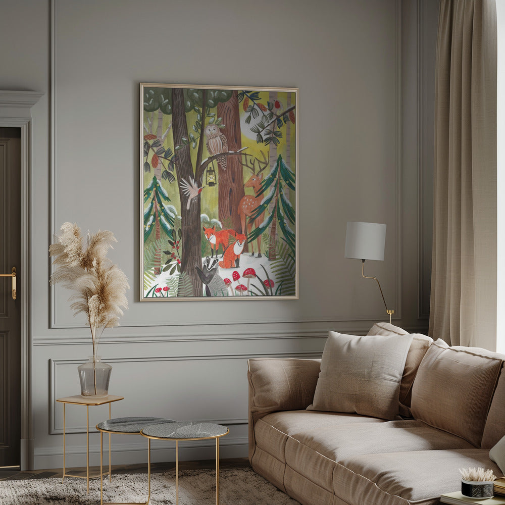 Décoration murale Forêt de Noël verte avec animaux Impression sur toile