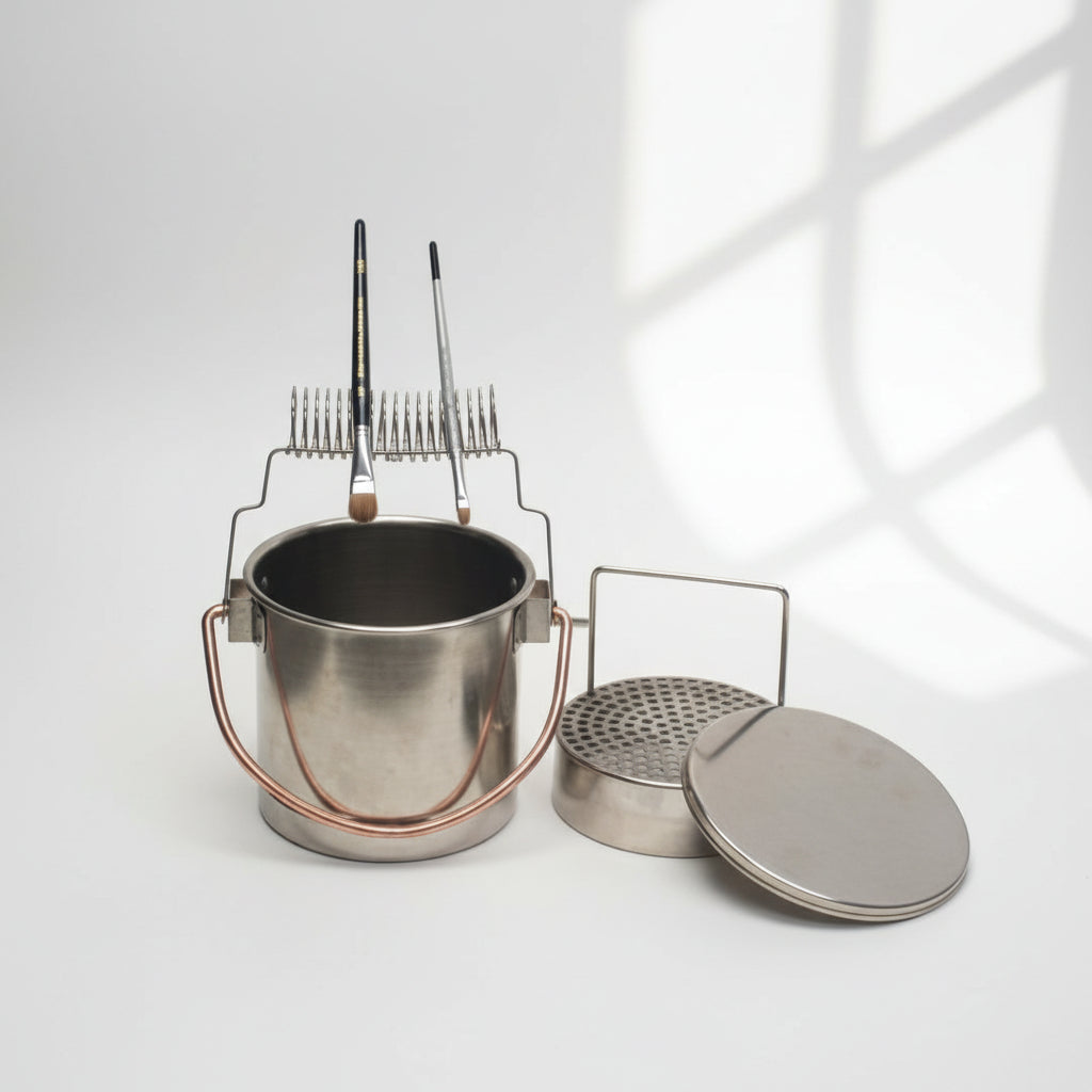 Deluxe Stainless Brush Washer With Holder, Sieve, and Lid