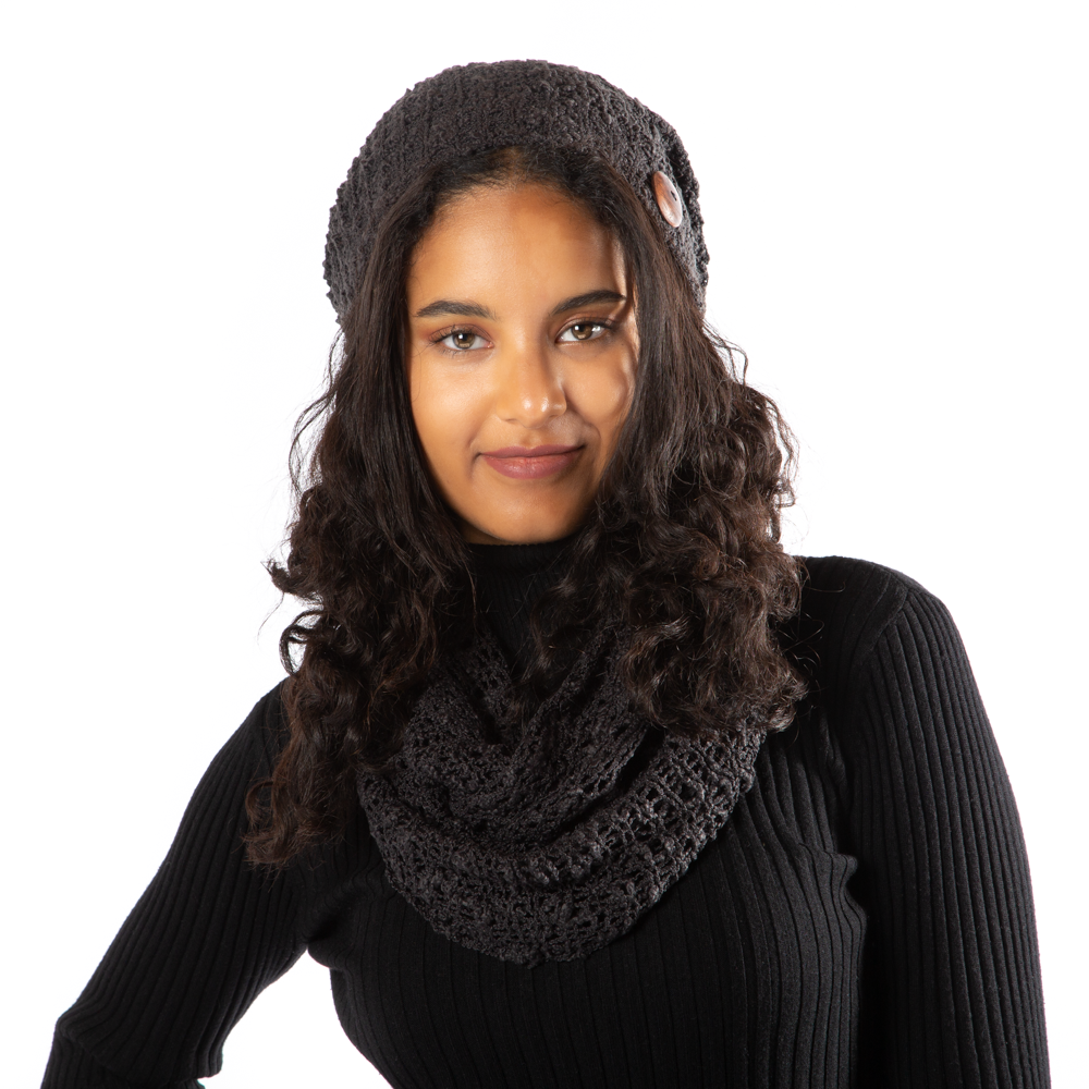 Black Popcorn Knit Hat With Button