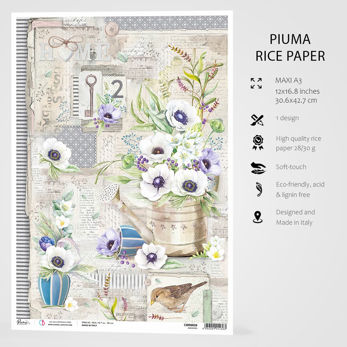 Ciao Bella Papier de Riz A3 Anémones - 3 Feuilles