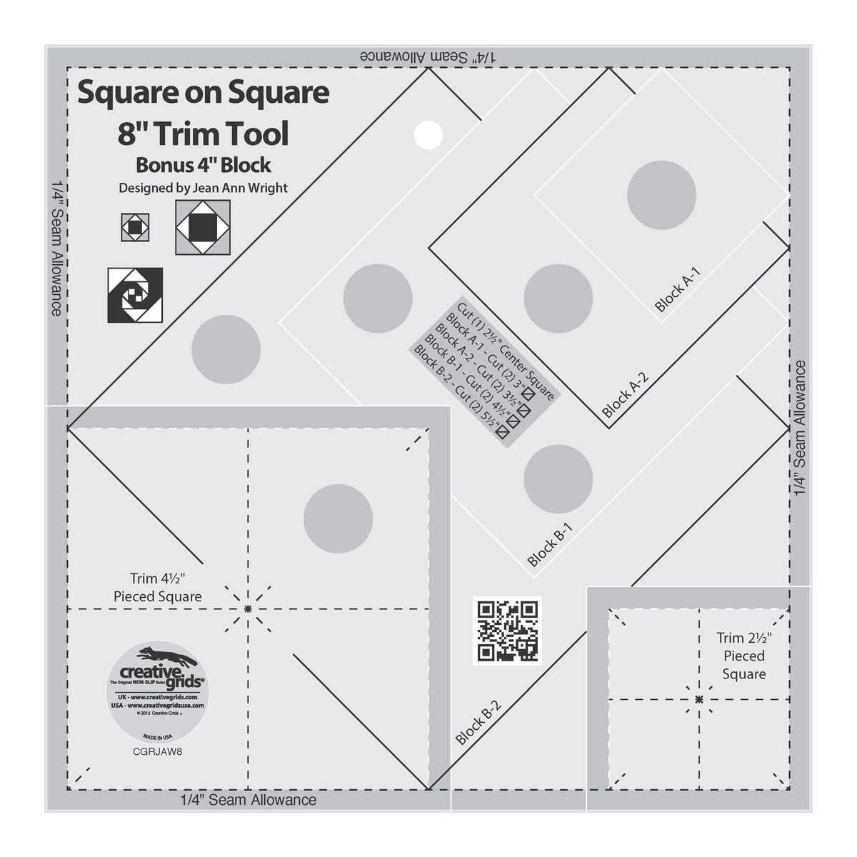 Règle Creative Grids Square on Square Trim Tool - Blocs finis de 4 ou 8 po