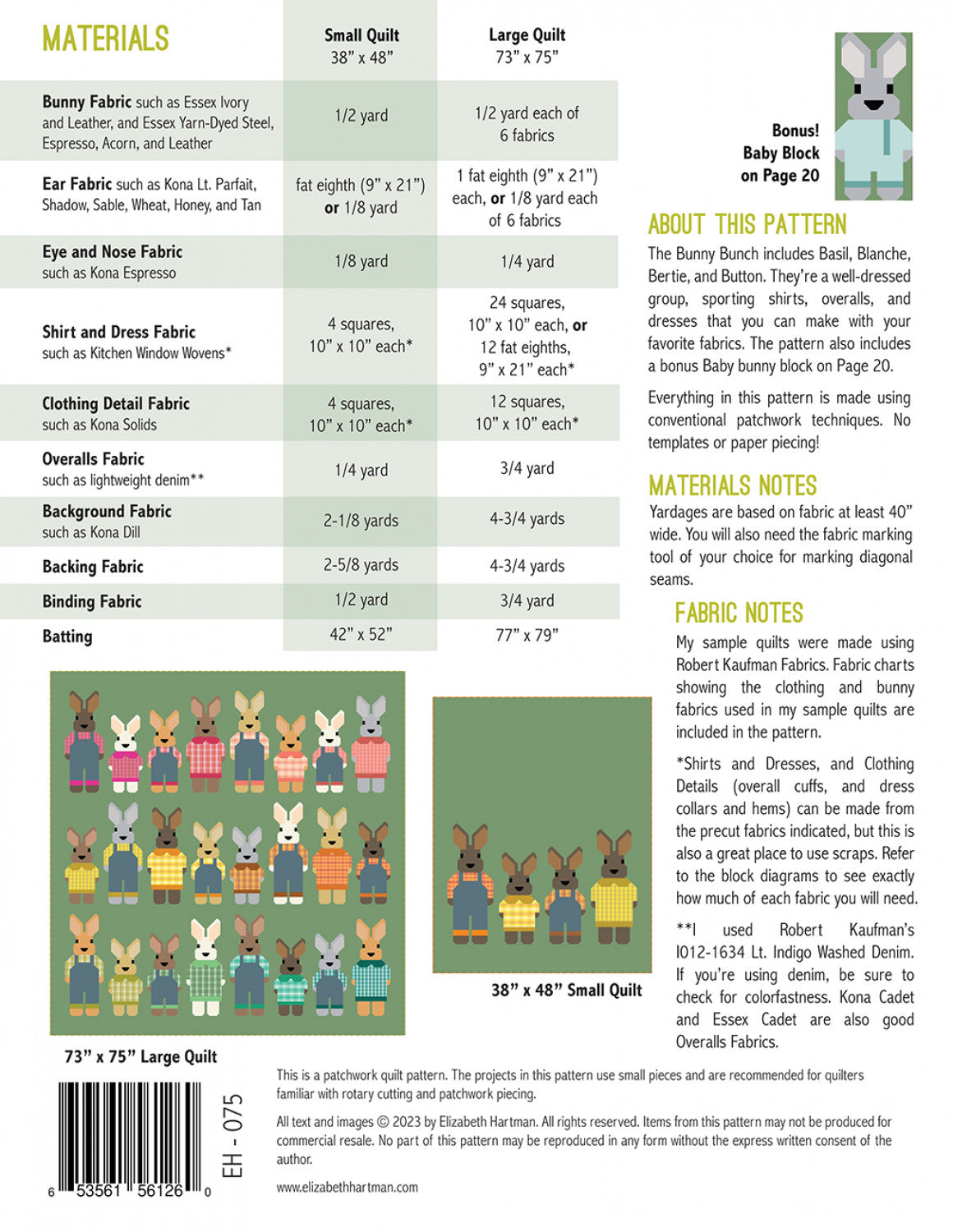 Patron de courtepointe Bunny Bunch par Elizabeth Hartman