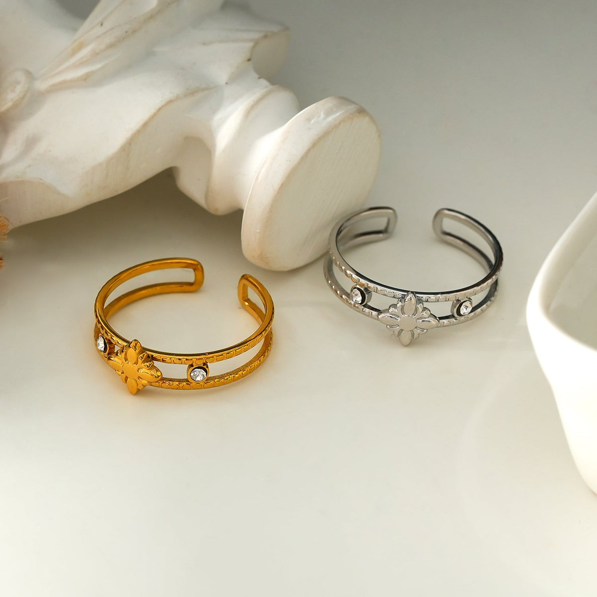 MICHELE White Gold (Silver Toned): Vintage Inspired Double Stacked Ring.