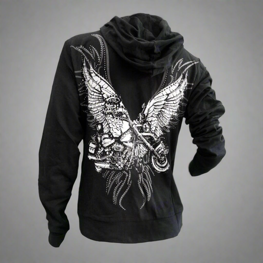 Sweat à capuche moto avec ailes et strass pour femme