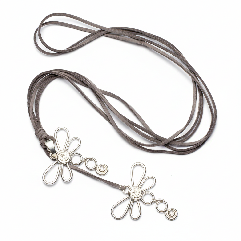 Collier double libellule sur daim plaqué argent