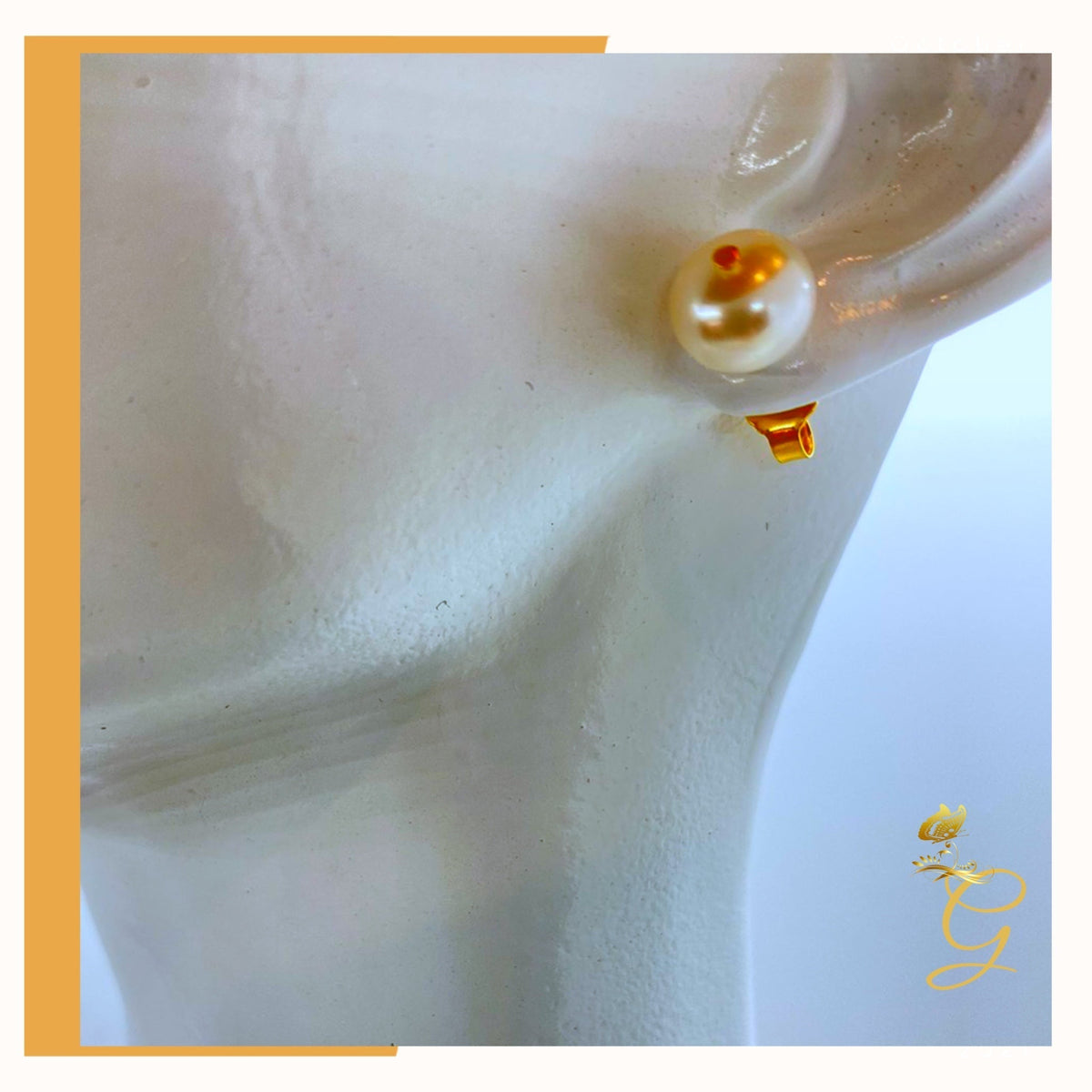 18K Real Gold White Pearl Earrings & Necklace Set (18”)
