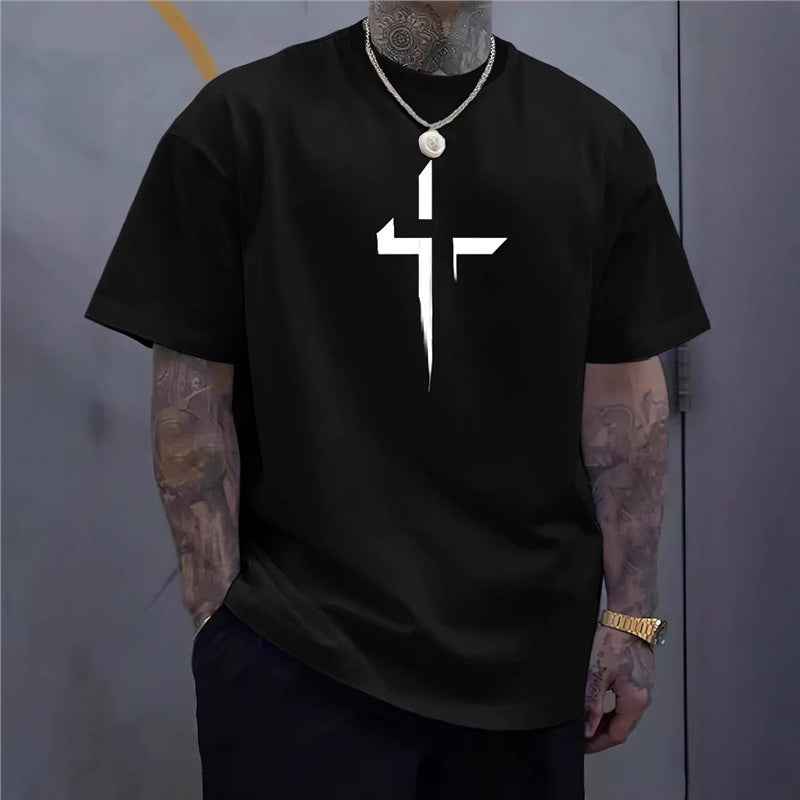 Street-style Mens Casual Loose-fit Cross-print Creative Sports Short-sleeve Top