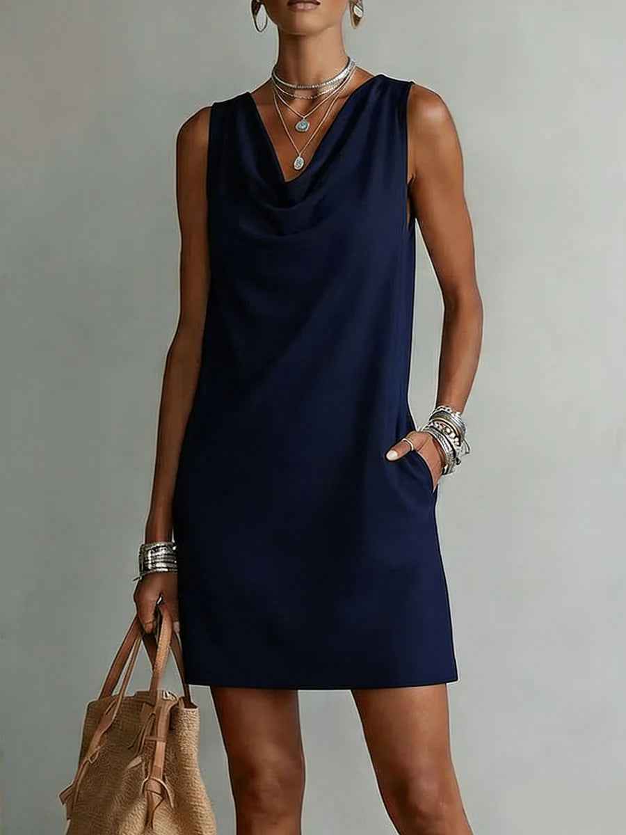Women's Elegant Summer Dress – Draped Cowl Neck Slim Fit Midi Dress