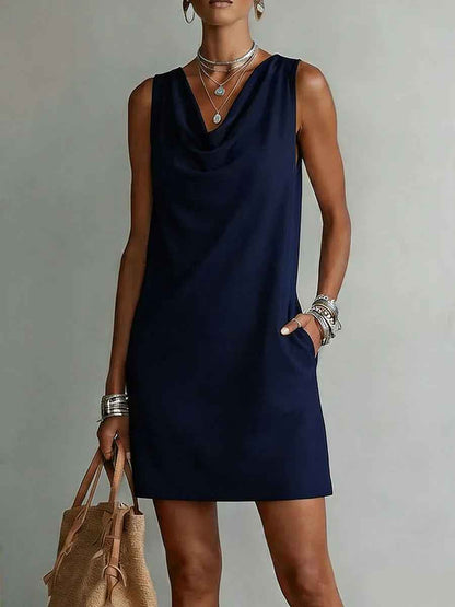 Women's Elegant Summer Dress – Draped Cowl Neck Slim Fit Midi Dress
