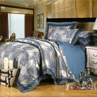 Parure de lit de luxe quatre pièces en coton jacquard – Housse de couette en pur coton et drap de lit en satin de soie