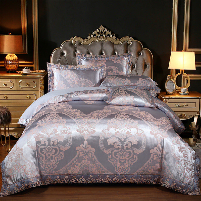 Parure de lit de luxe quatre pièces en coton jacquard – Housse de couette en pur coton et drap de lit en satin de soie