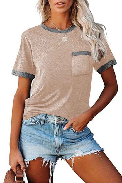 Pocket Round Neck Stitching Pocket Top