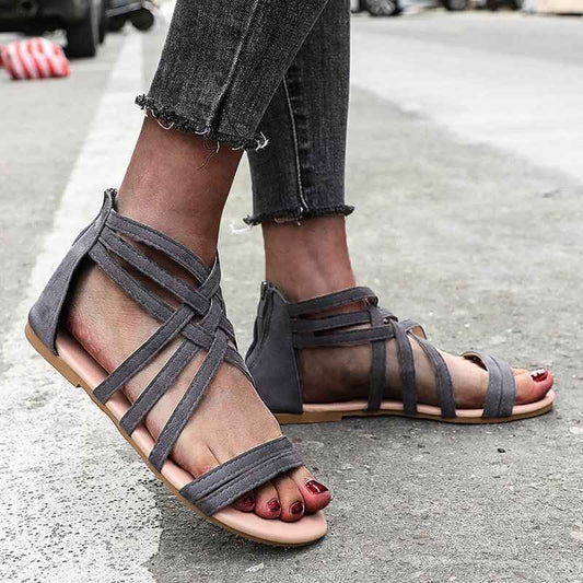 Women's Shoes Flat Bottomed Large Size Women's Sandals Fashion Hollow Rear Zipper Sandals
