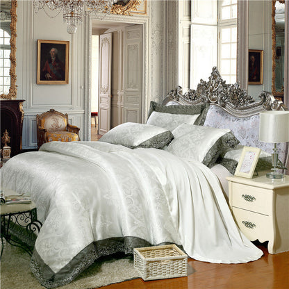 Parure de lit de luxe quatre pièces en coton jacquard – Housse de couette en pur coton et drap de lit en satin de soie