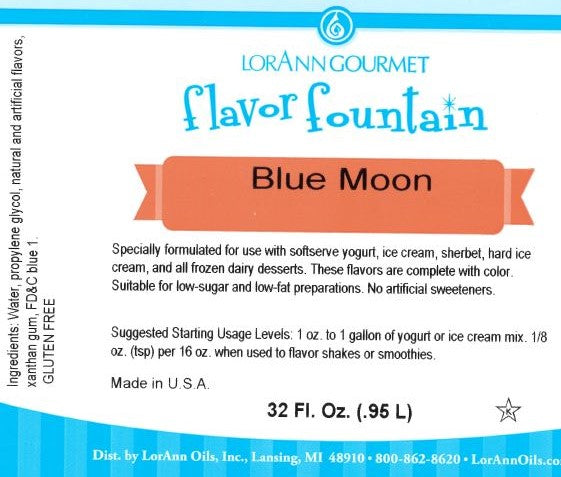 Blue Moon Flavor Fountain - 4 oz - 32 oz Bottle - Flavoring for Ice Cream, Milk Shakes, Slush, Food and Beverages - Ice Cream and Beverage Flavors - LorAnn Oils - Canadian Distribution - Ships Free Within Canada on Orders Above CAD $199