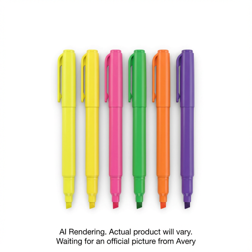Surligneurs Avery Box, lot de 6, style stylo, pointe biseautée, couleurs fluorescentes assorties – 2 jaunes, 1 rose, vert, orange, violet