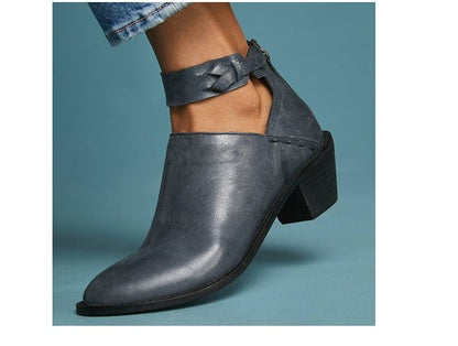 Women’s Leather Ankle Boots – Cut-Out Buckle Strap Booties with Back Zipper