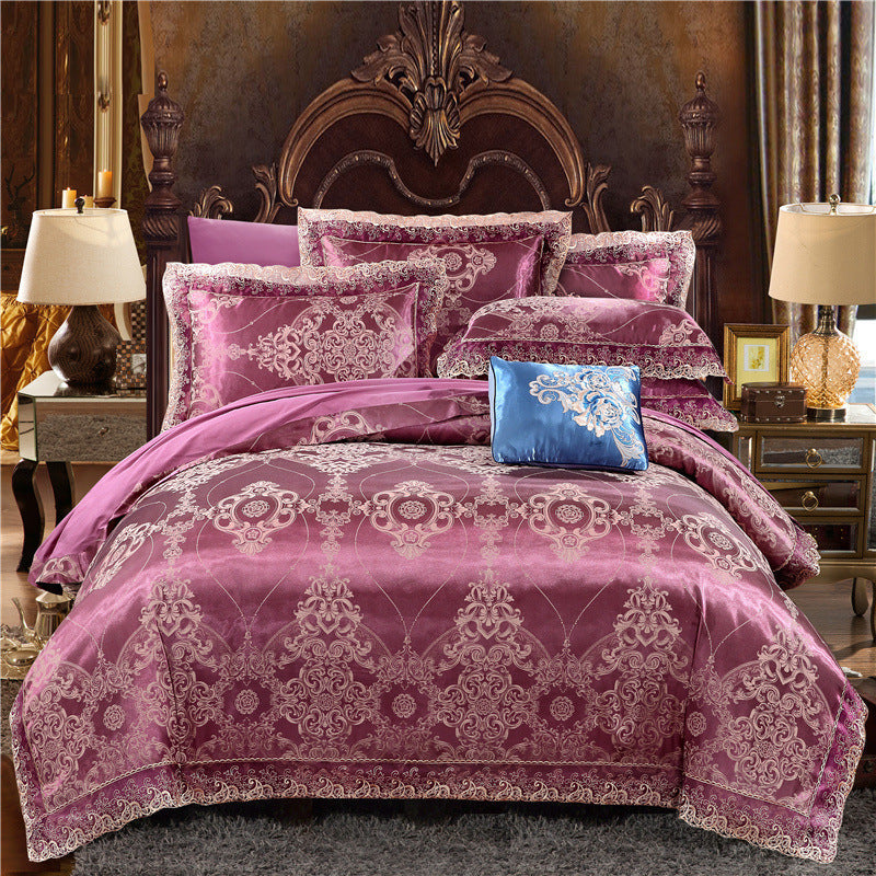 Parure de lit de luxe quatre pièces en coton jacquard – Housse de couette en pur coton et drap de lit en satin de soie