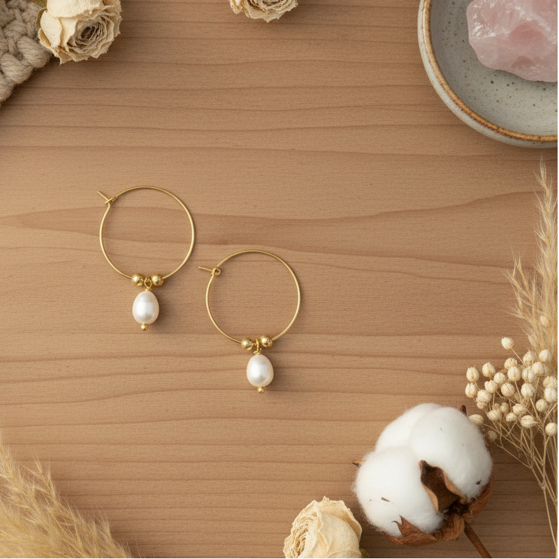 Hoop & Pearl Earring In Gold Plate