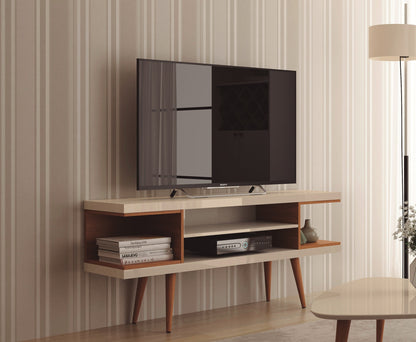 Meuble TV moderne Eureka 53,14 po avec 4 étagères – Blanc cassé lustré/Crème d'érable