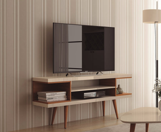 Meuble TV moderne Eureka 53,14 po avec 4 étagères – Blanc cassé lustré/Crème d'érable