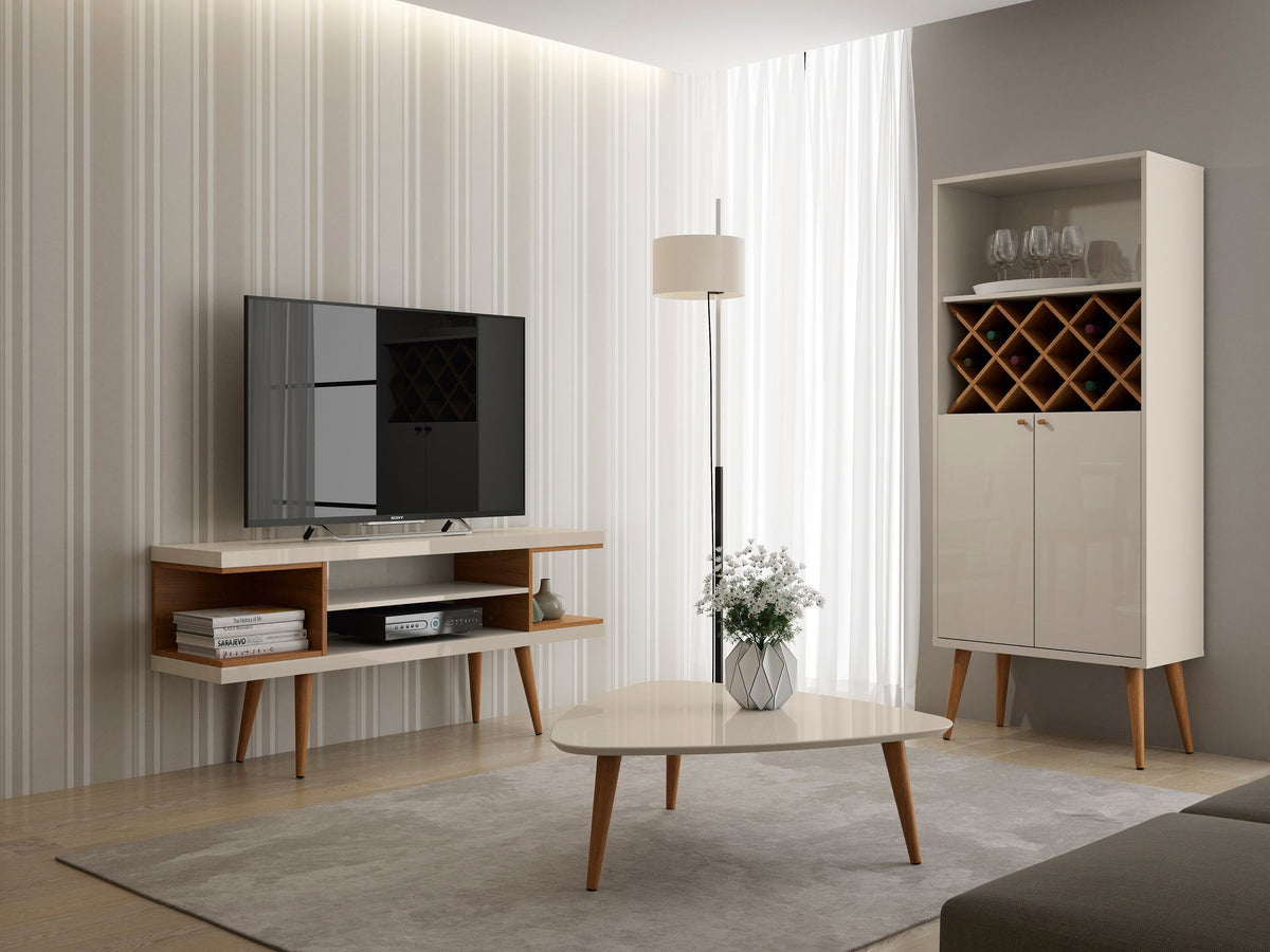 Meuble TV moderne Eureka 53,14 po avec 4 étagères – Blanc cassé lustré/Crème d'érable