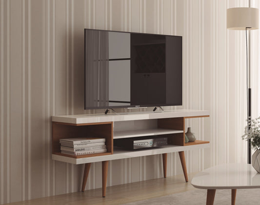 Eureka Modern 53.14" TV Stand with 4 Shelves - White Gloss/Maple Cream