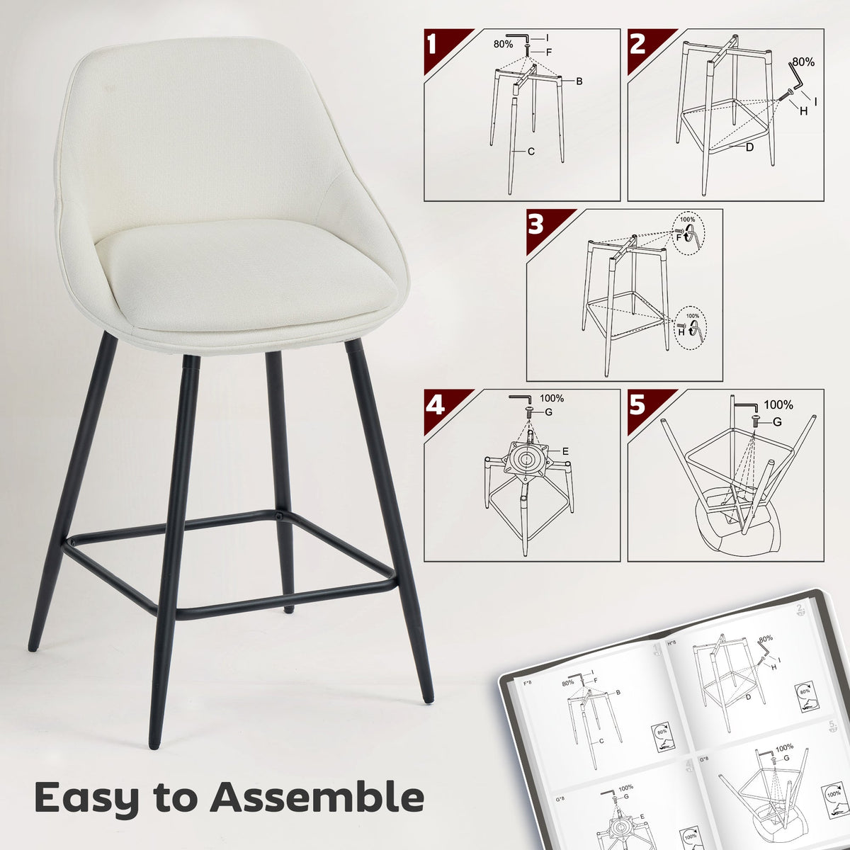 Reece 26" Counter Height Stools with Swivel and Backrest-Set of 2-Cream White