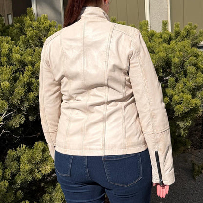 Women's Classic Sheep Leather Jacket. Standing Collar with Studs, 4 Zippered Pockets & Shoulder Accent Stitching