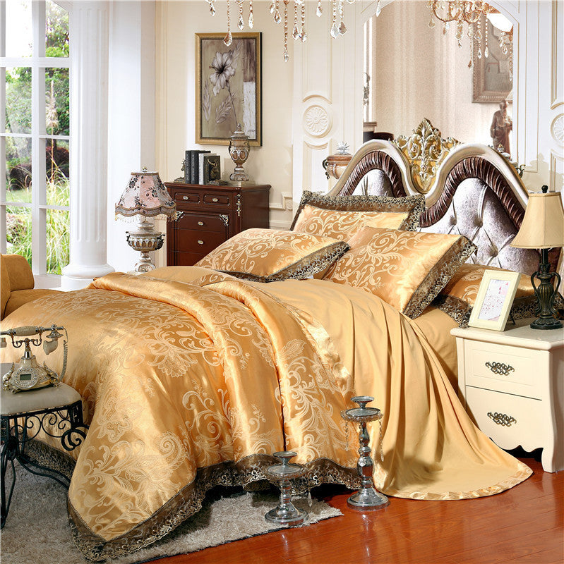 Parure de lit de luxe quatre pièces en coton jacquard – Housse de couette en pur coton et drap de lit en satin de soie