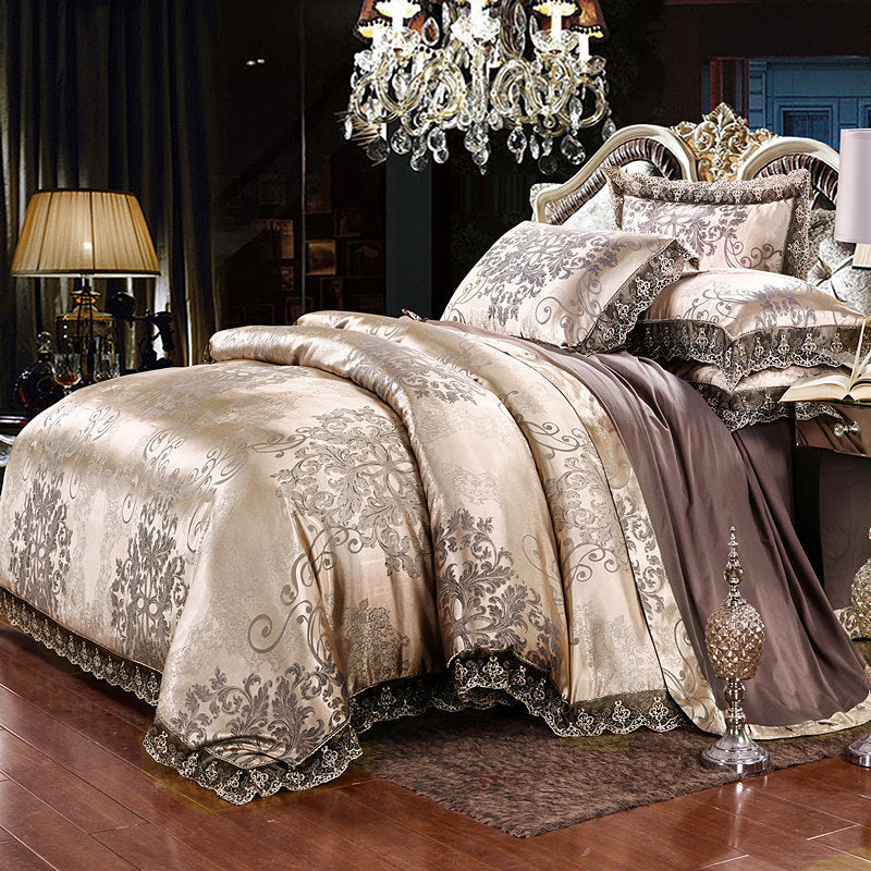 Parure de lit de luxe quatre pièces en coton jacquard – Housse de couette en pur coton et drap de lit en satin de soie