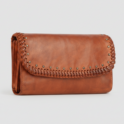 MET Women’s Leather Wallet. Tri-Fold Clutch Organizer with Studded and Whipstitch Detail