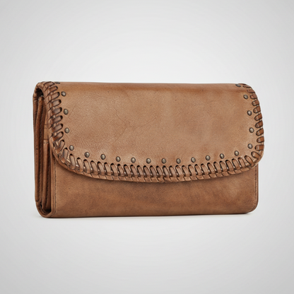 MET Women’s Leather Wallet. Tri-Fold Clutch Organizer with Studded and Whipstitch Detail