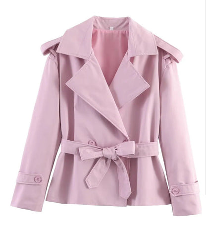 Women’s Solid Color Belted Short Trench Coat – European Style Cropped Jacket with Waist Tie