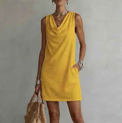 Women's Elegant Summer Dress – Draped Cowl Neck Slim Fit Midi Dress