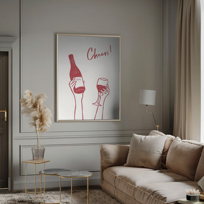 Wall art Cheers wine illustration & text (black & white)