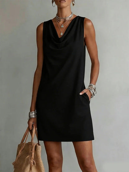 Women's Elegant Summer Dress – Draped Cowl Neck Slim Fit Midi Dress
