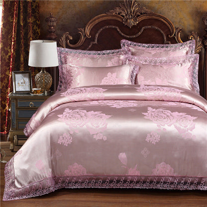 Parure de lit de luxe quatre pièces en coton jacquard – Housse de couette en pur coton et drap de lit en satin de soie