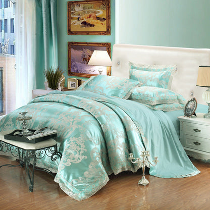 Parure de lit de luxe quatre pièces en coton jacquard – Housse de couette en pur coton et drap de lit en satin de soie