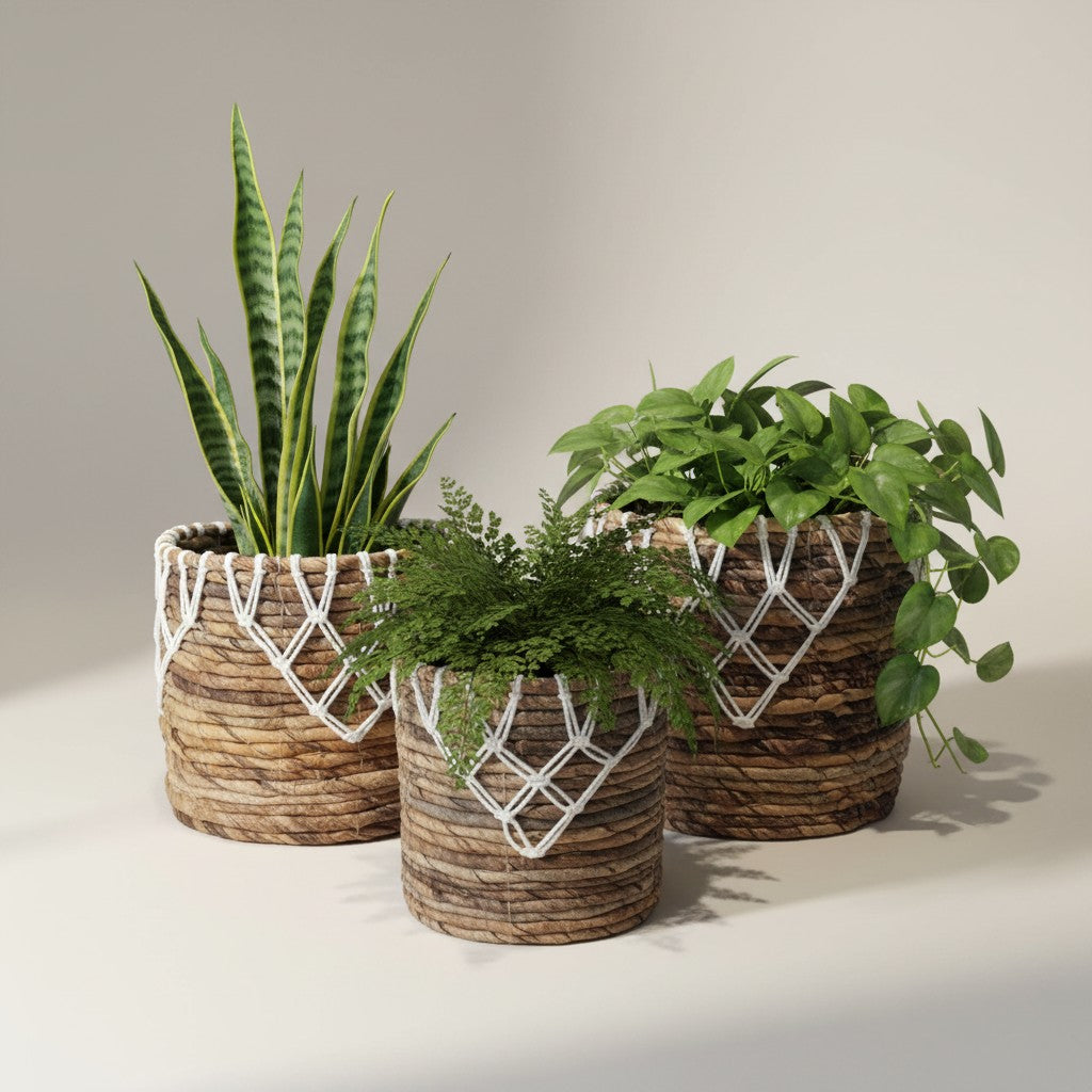 Banana Leaf & Macrame Apex Planter Basket