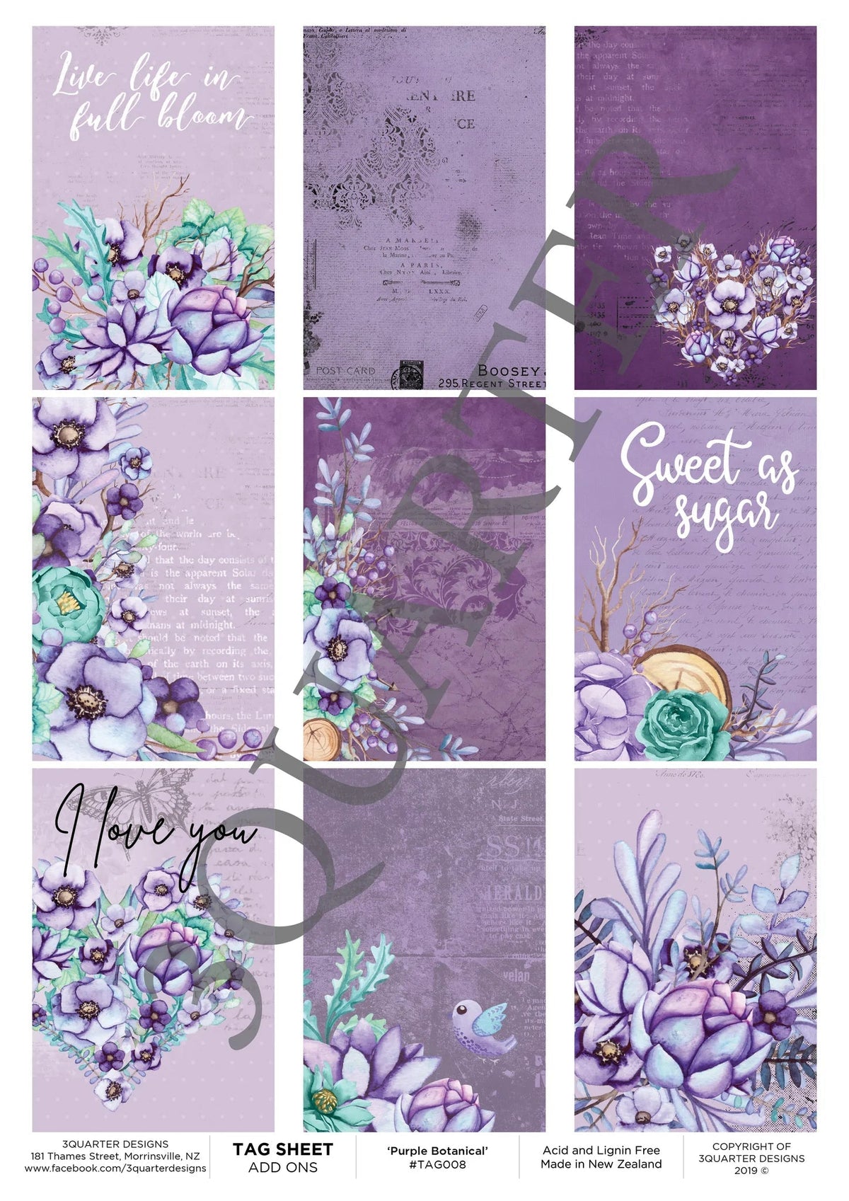 3Quarter Designs - Feuille d'étiquettes - Botanique violet