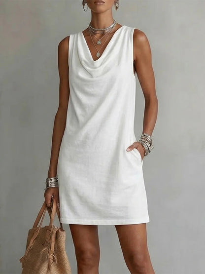 Women's Elegant Summer Dress – Draped Cowl Neck Slim Fit Midi Dress
