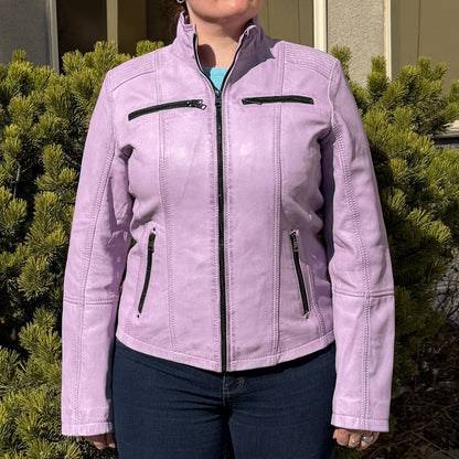 Women's Classic Sheep Leather Jacket. Standing Collar with Studs, 4 Zippered Pockets & Shoulder Accent Stitching