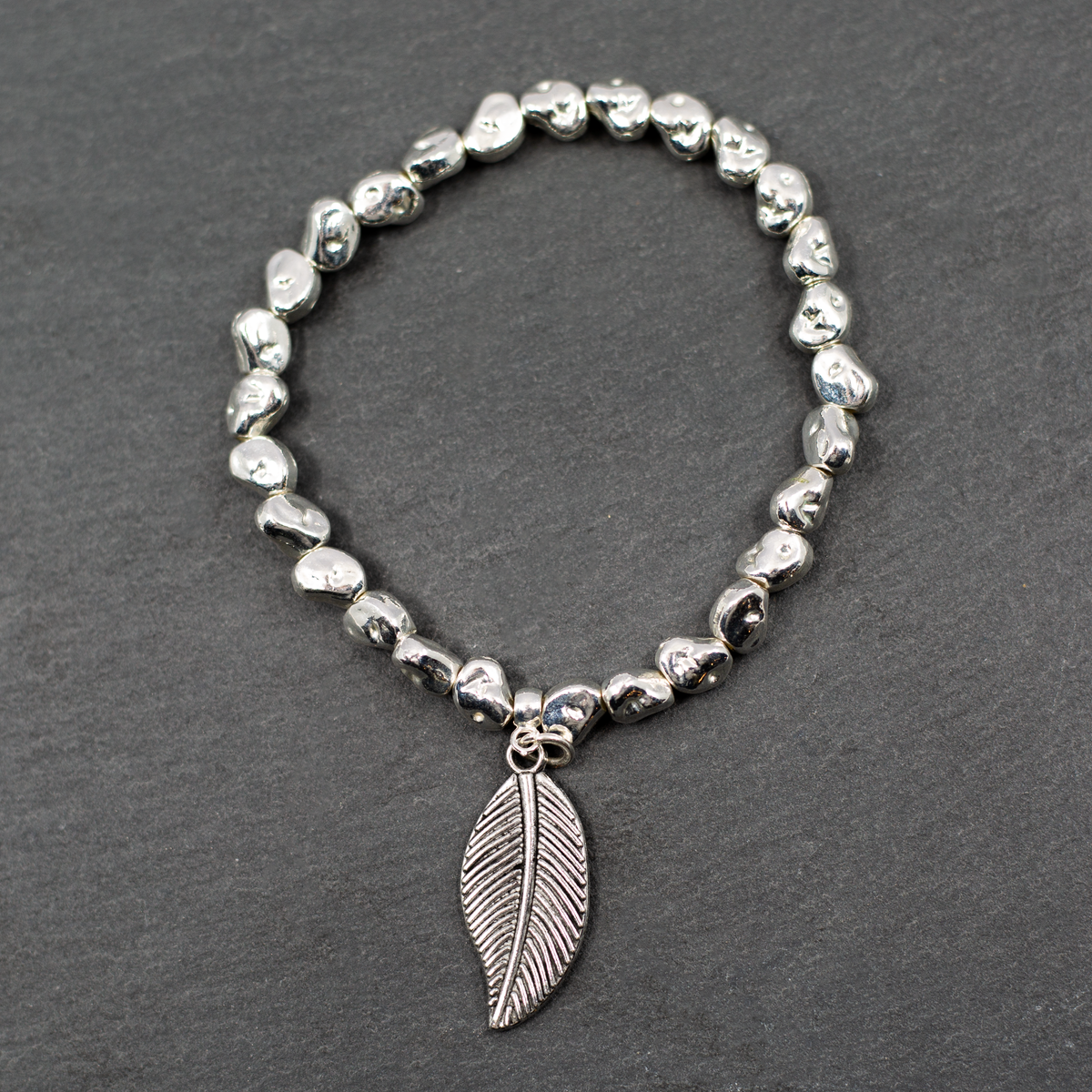 Leaf Charm Nugget Bracelet in Silver Plate