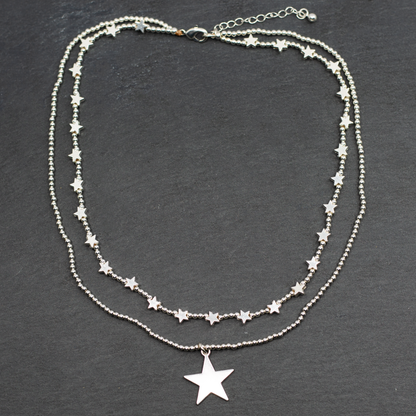 Silver Plate Double Strand Star Charm Necklace