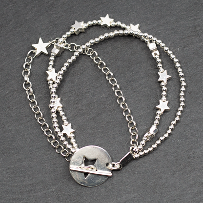 Silver Plate Multi Strand Star Charm Bracelet With T-Bar Clasp