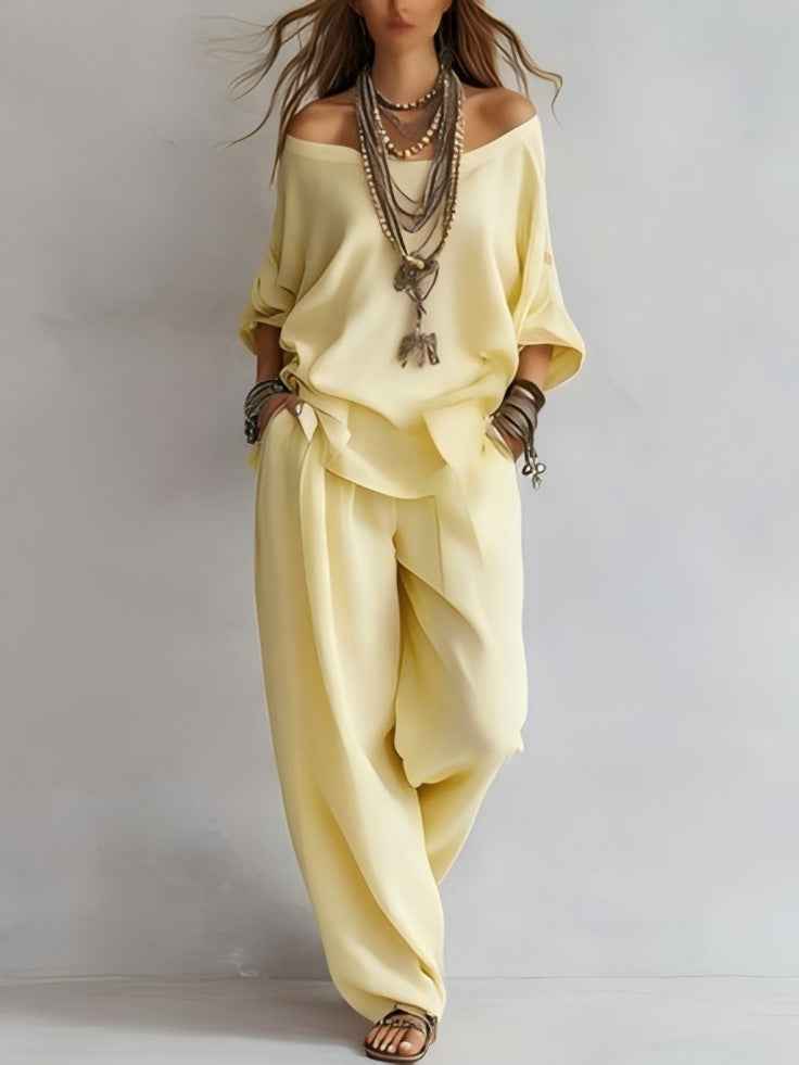 Off-shouder Suits Fashion Three-quarter Sleeves Top And Loose Pockets Wide-Leg Pants Set Women's Clothing