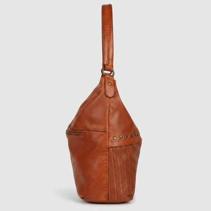 MET Premium Leather Handbag. Studded Hobo Tote with Artisan Scallop Embossing