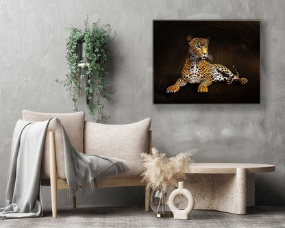Léopard - Toile d'art animalier - Décoration murale - Vernis doré appliqué à la main #4836-047