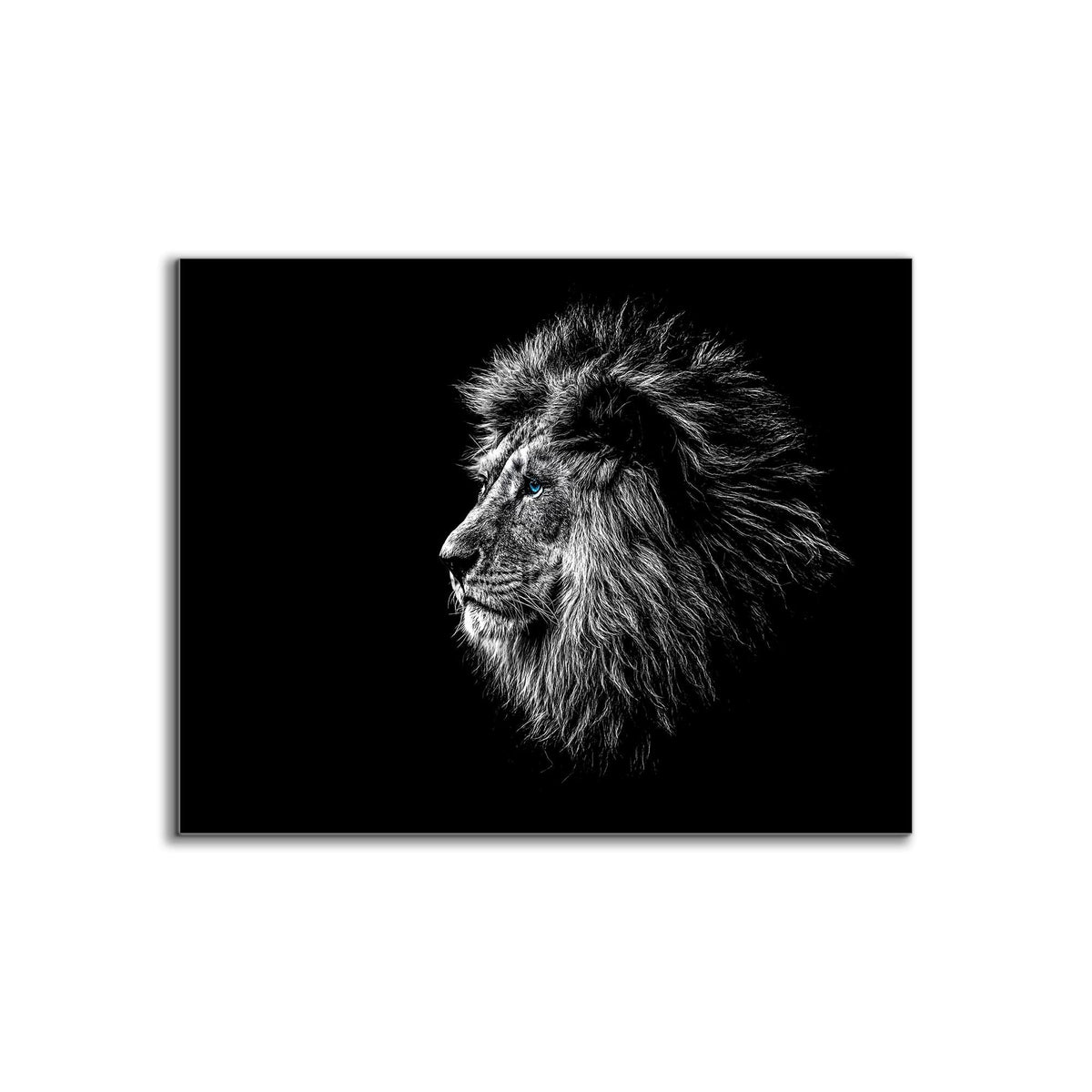 Toile d'Art Faune Sauvage - Tête de Lion Œil Bleu en Noir et Blanc - Vernis argenté